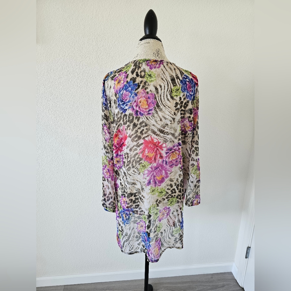 Floral and Leopard Print Swim Coverup Sheet Tunic with Beaded Neckline - Picture 3 of 5